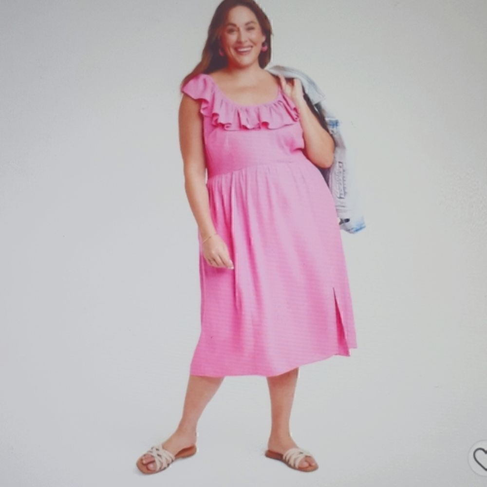 New Ava & Viv Ruffle Sleeveless A Line Dress Midi Women's Pink 2X New With Tags